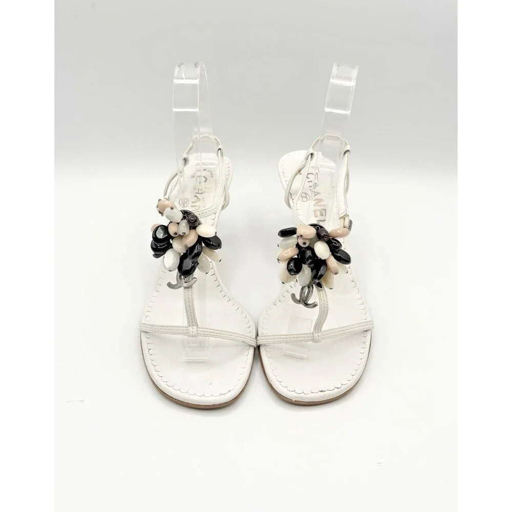 Chanel White Leather T Strap Sandals Beaded Accent CC Logo Vintage Size EU 36.5